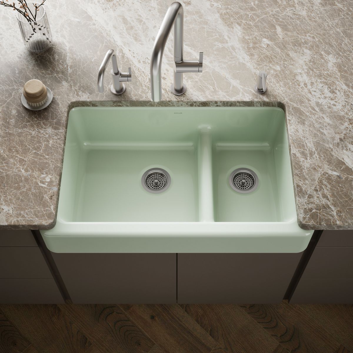 Whitehaven® Smart Divide® 35-1/2" undermount double-bowl farmhouse kitchen sink with short apron