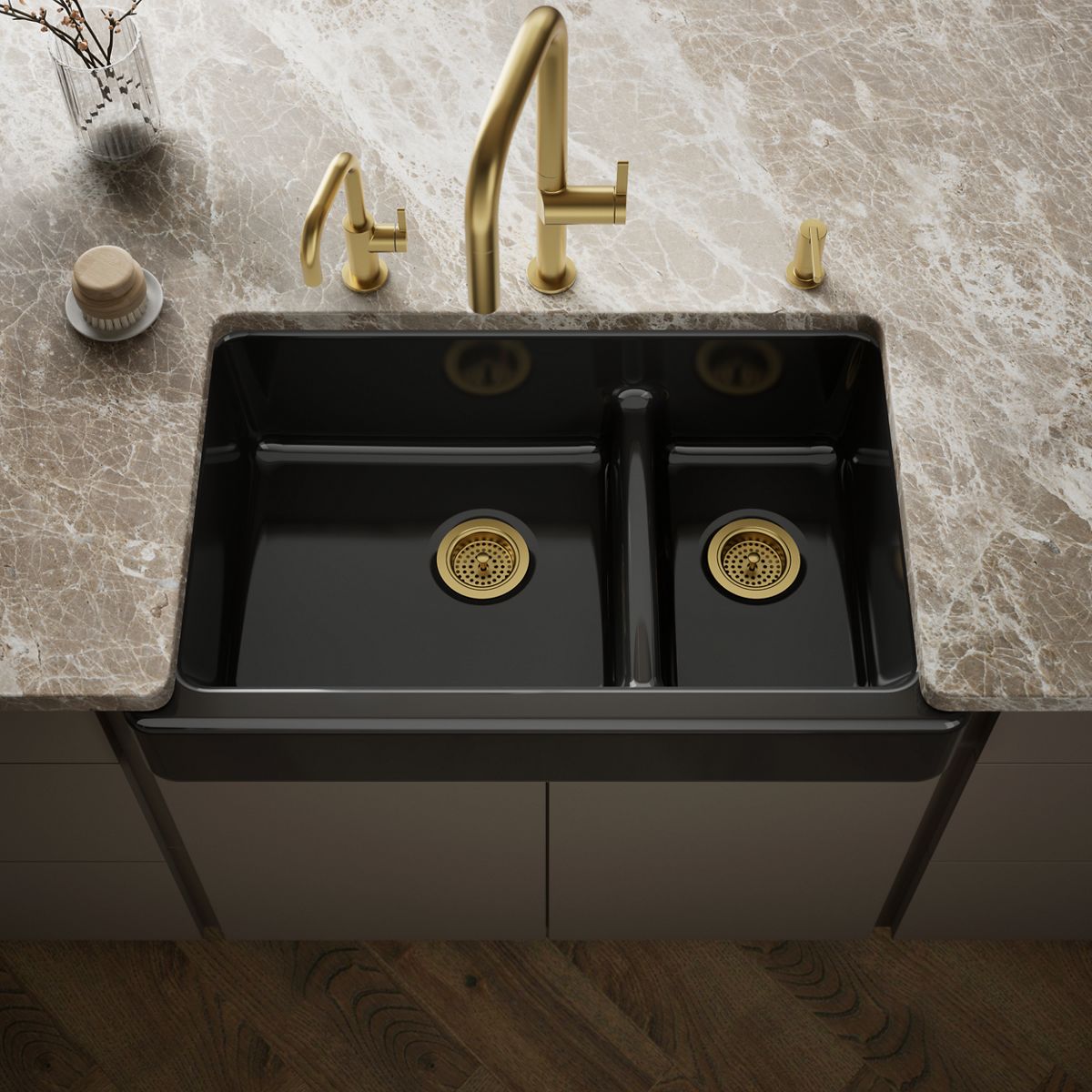 Whitehaven® Smart Divide® 35-1/2" undermount double-bowl farmhouse kitchen sink with short apron