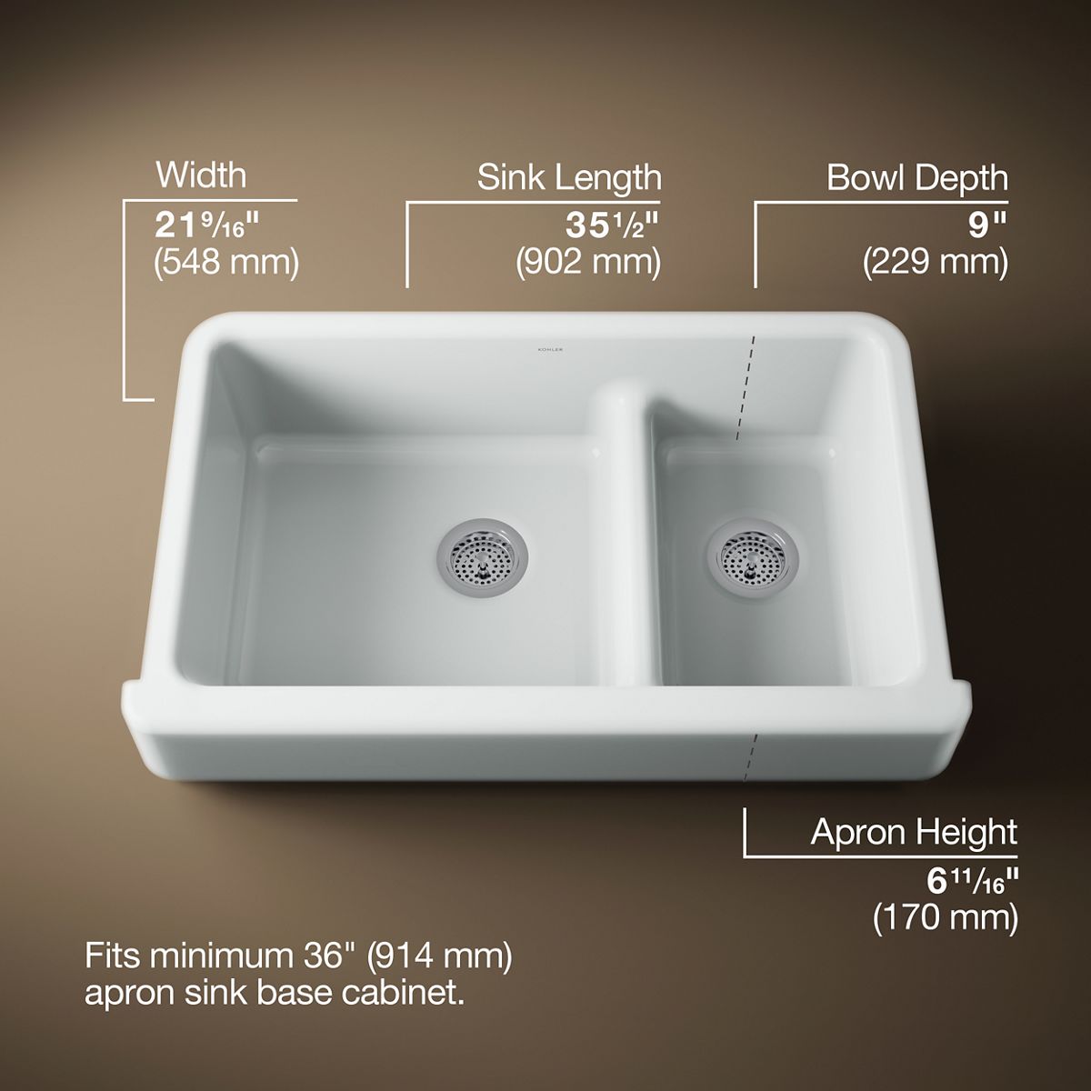 Whitehaven® Smart Divide® 35-1/2" undermount double-bowl farmhouse kitchen sink with short apron