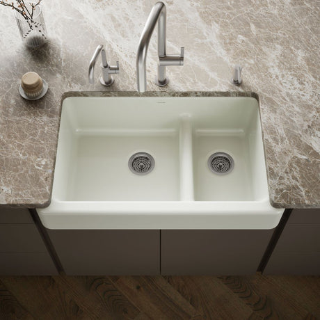 Whitehaven® Smart Divide® 35-1/2" undermount double-bowl farmhouse kitchen sink with short apron