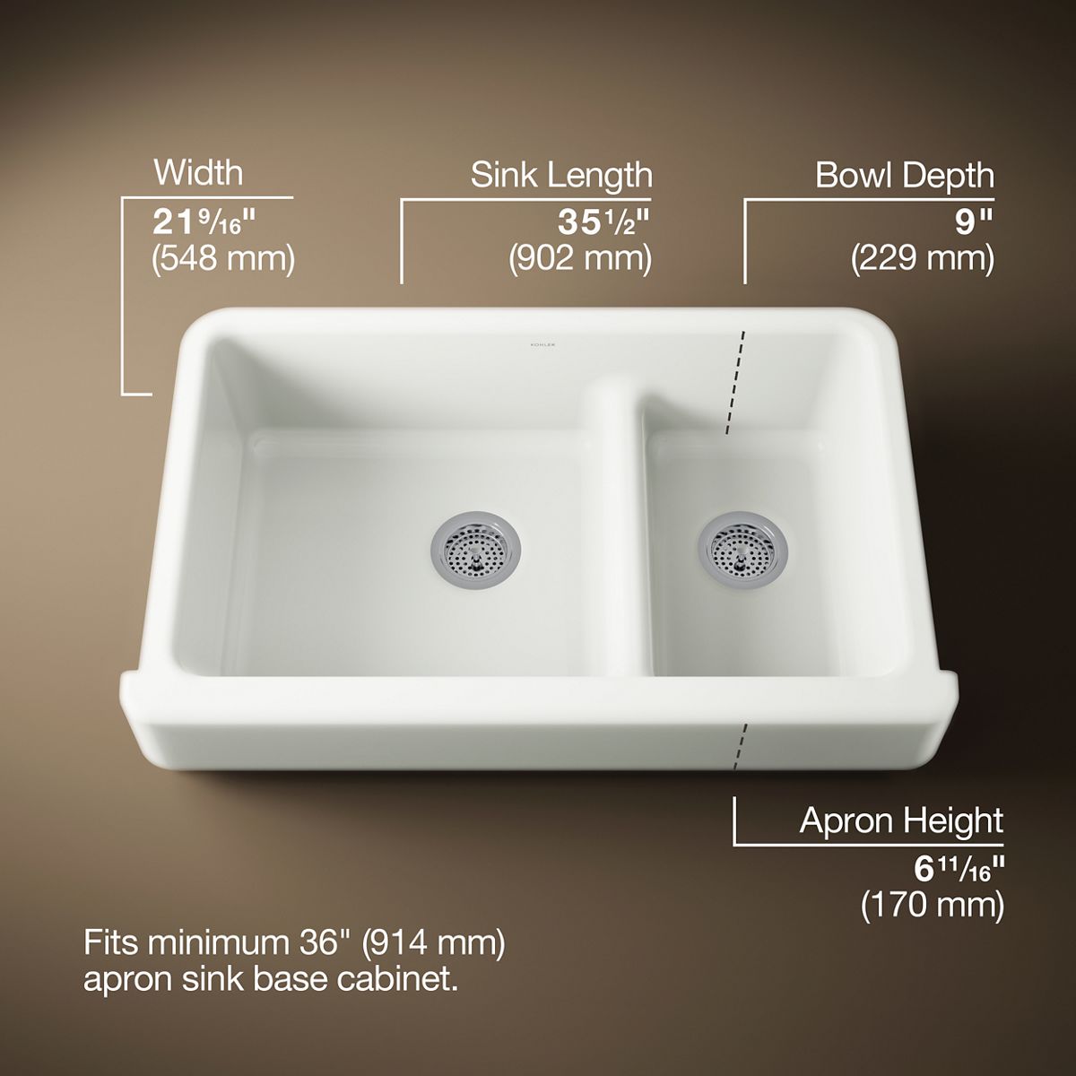 Whitehaven® Smart Divide® 35-1/2" undermount double-bowl farmhouse kitchen sink with short apron
