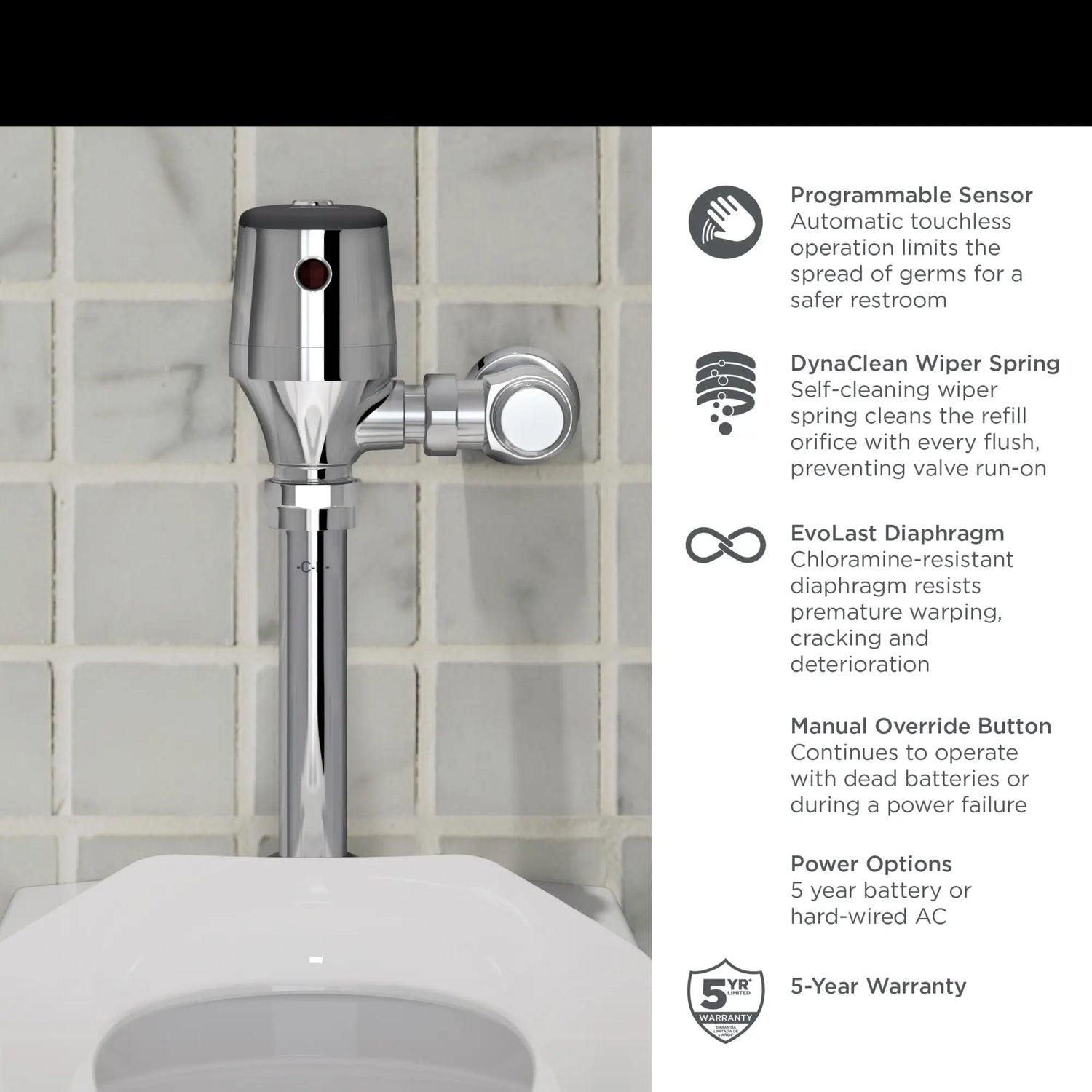 Ultima® Selectronic® Exposed Toilet Flush Valve, Diaphragm Type, Battery, Dual Flush 1.28/1.1 gpf (4.8/4.2 Lpf)