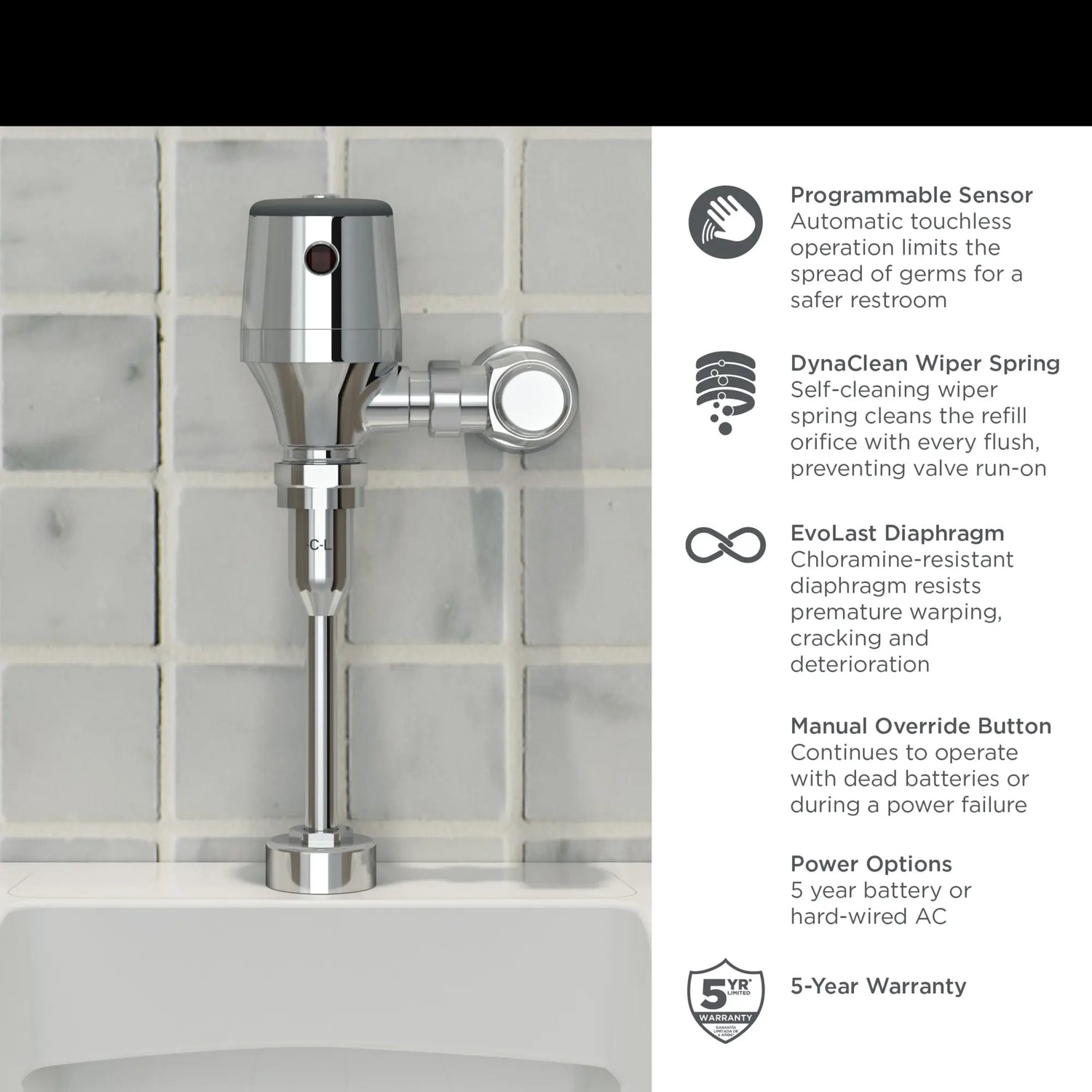 Ultima® Selectronic® Exposed Urinal Flush Valve, Diaphragm Type, Base Model, 0.125 gpf/0.5 Lpf