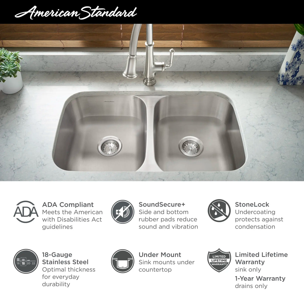 Portsmouth® 32 x 18-Inch Stainless Steel Undermount Double-Bowl ADA Kitchen Sink