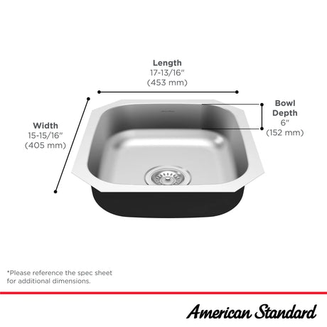 Portsmouth® 18 x 16-Inch Stainless Steel Undermount Single-Bowl ADA Kitchen Sink