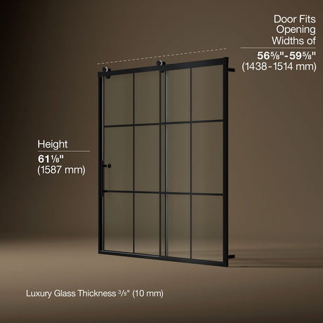 Rely® 56-5/8"-59-5/8" W x 62-1/2" H sliding bath door with 3/8"-thick Crystal Clear glass