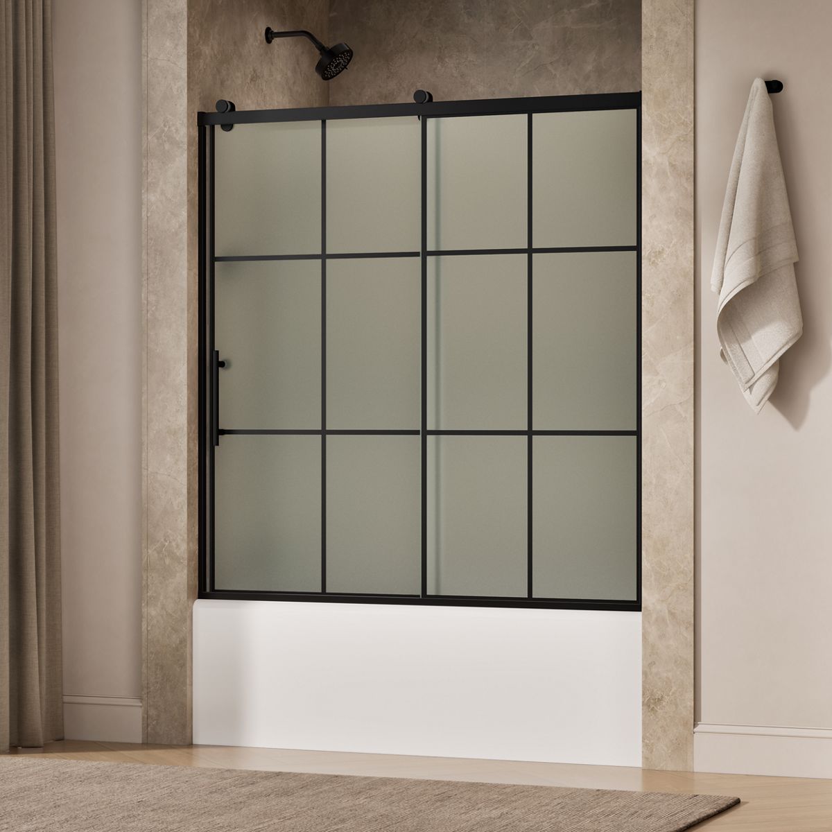 Rely® 56-5/8"-59-5/8" W x 62-1/2" H sliding bath door with 3/8"-thick Frosted glass