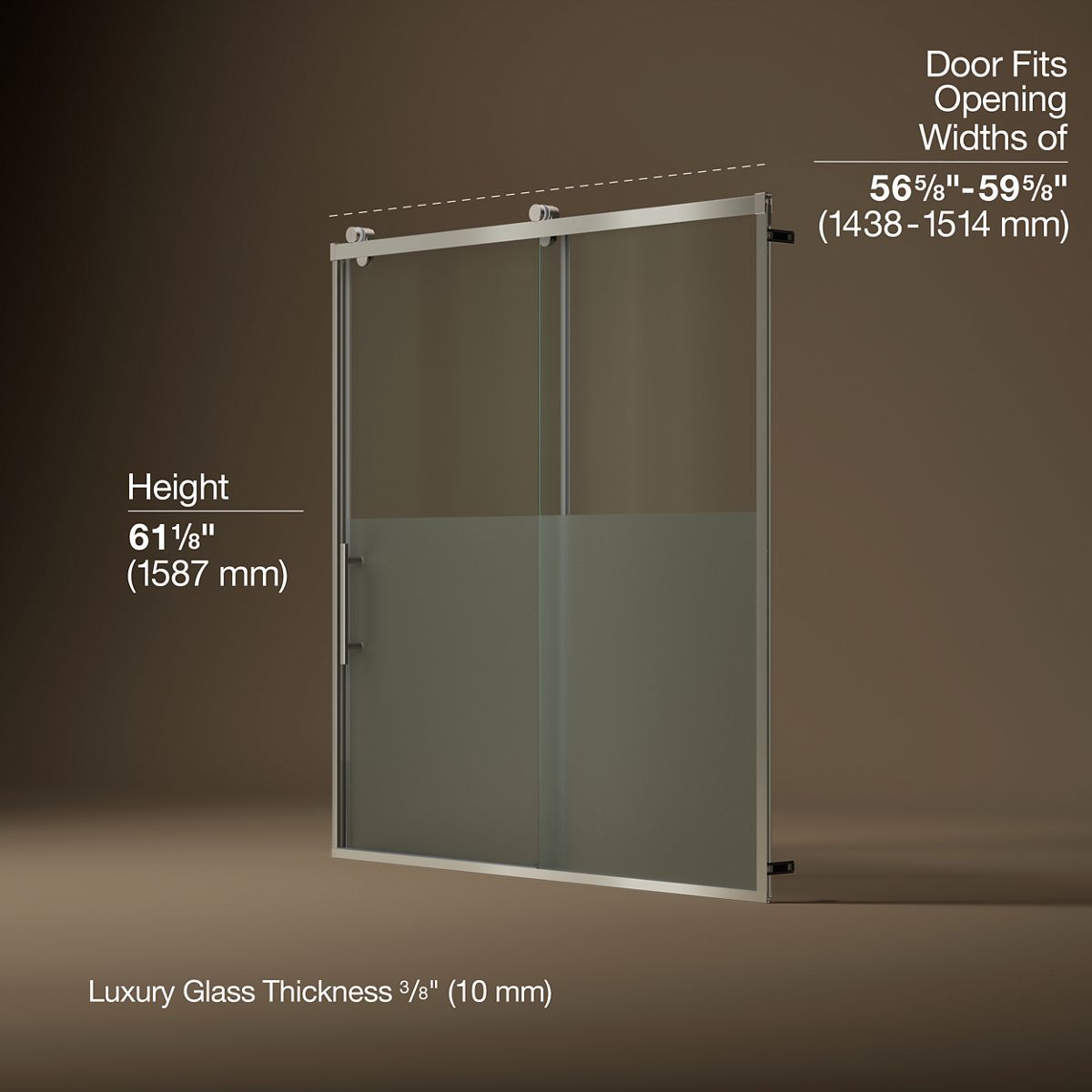 Rely® 56-5/8"-59-5/8" W x 62-1/2" H sliding bath door with 3/8"-thick Crystal Clear glass