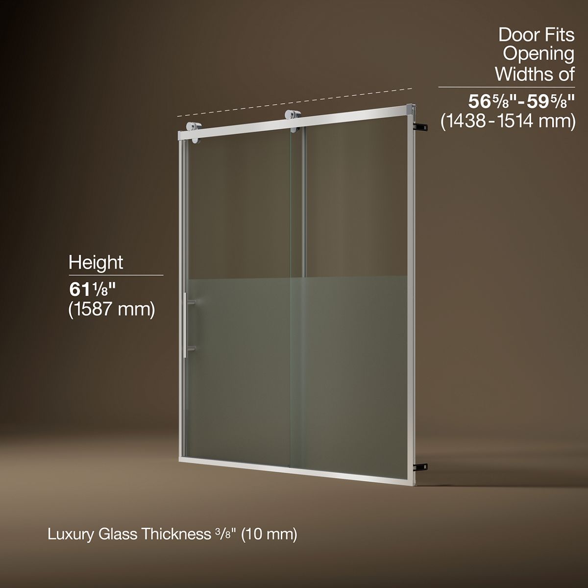 Rely® 56-5/8"-59-5/8" W x 62-1/2" H sliding bath door with 3/8"-thick Crystal Clear glass