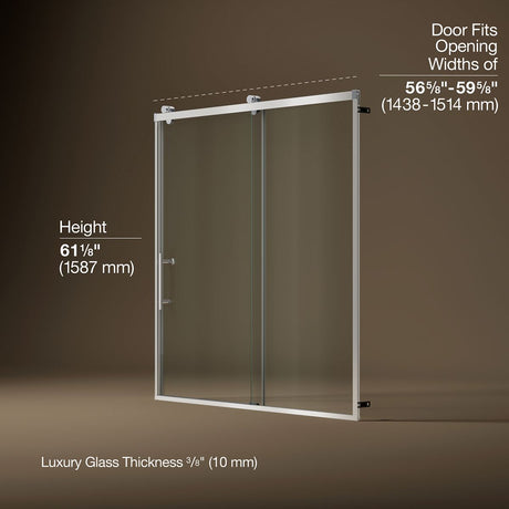 Rely® 56-5/8"-59-5/8" W x 62-1/2" H sliding bath door with 3/8"-thick Crystal Clear glass