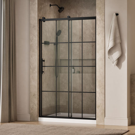 Rely® 44-5/8"-47-5/8" W x 76.99" H sliding shower door with 3/8"-thick Crystal Clear glass