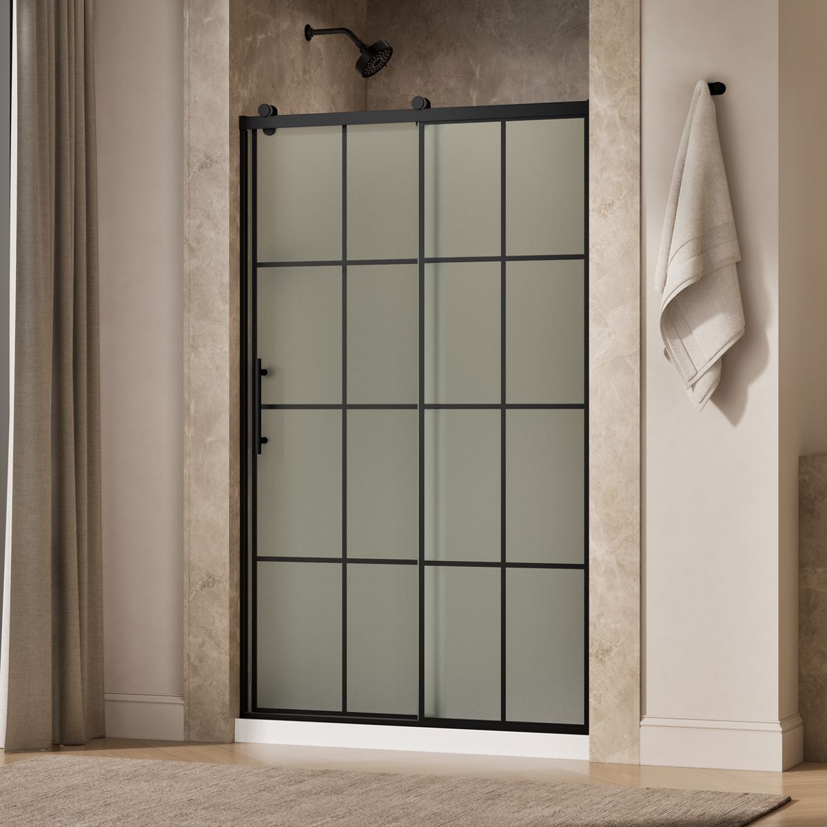 Rely® 44-5/8"-47-5/8" W x 76.99" H sliding shower door with 3/8"-thick Frosted glass