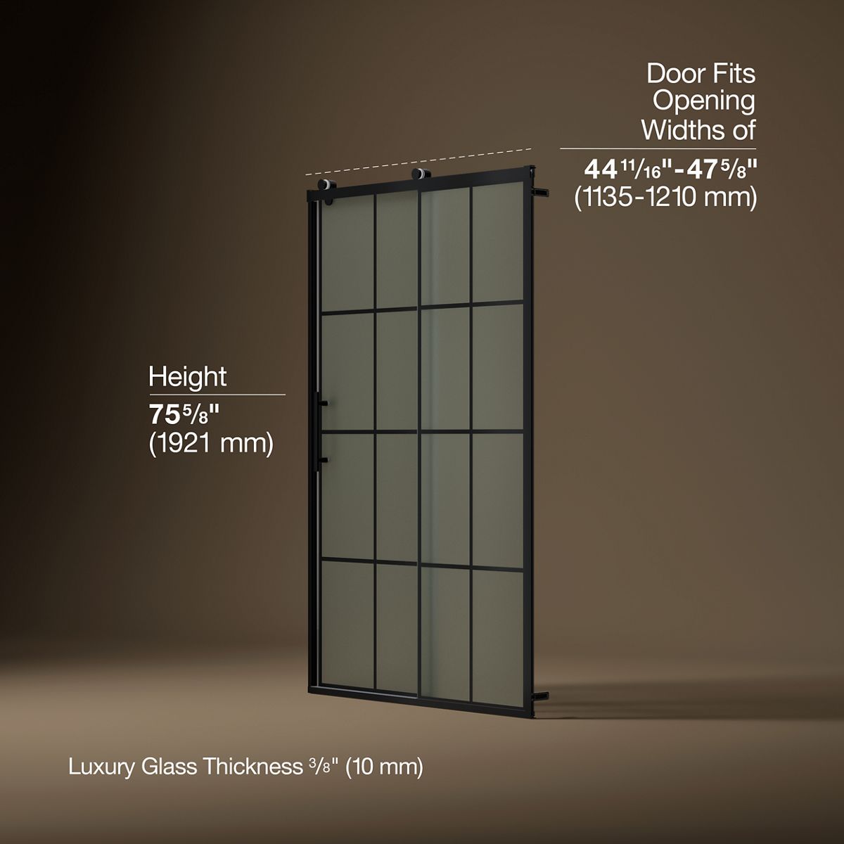 Rely® 44-5/8"-47-5/8" W x 76.99" H sliding shower door with 3/8"-thick Frosted glass