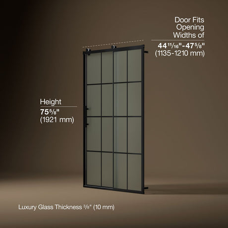 Rely® 44-5/8"-47-5/8" W x 76.99" H sliding shower door with 3/8"-thick Frosted glass