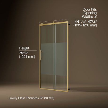 Rely® 44-5/8"-47-5/8" W x 76.99" H sliding shower door with 3/8"-thick Crystal Clear glass