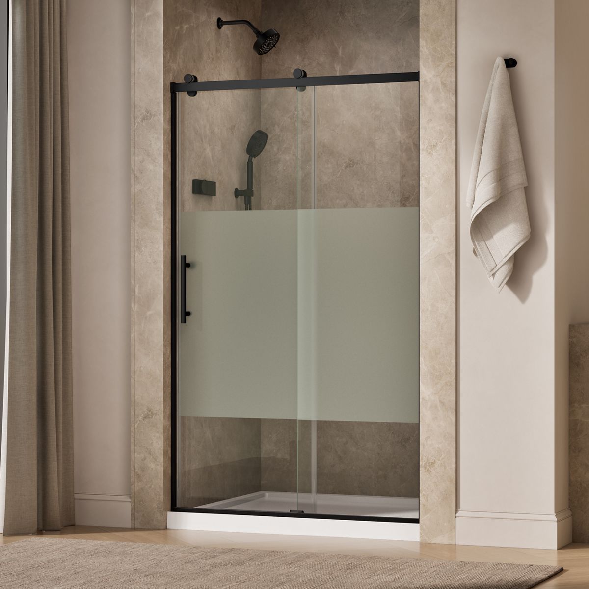 Rely® 44-5/8"-47-5/8" W x 76.99" H sliding shower door with 3/8"-thick Crystal Clear glass