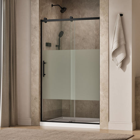 Rely® 44-5/8"-47-5/8" W x 76.99" H sliding shower door with 3/8"-thick Crystal Clear glass