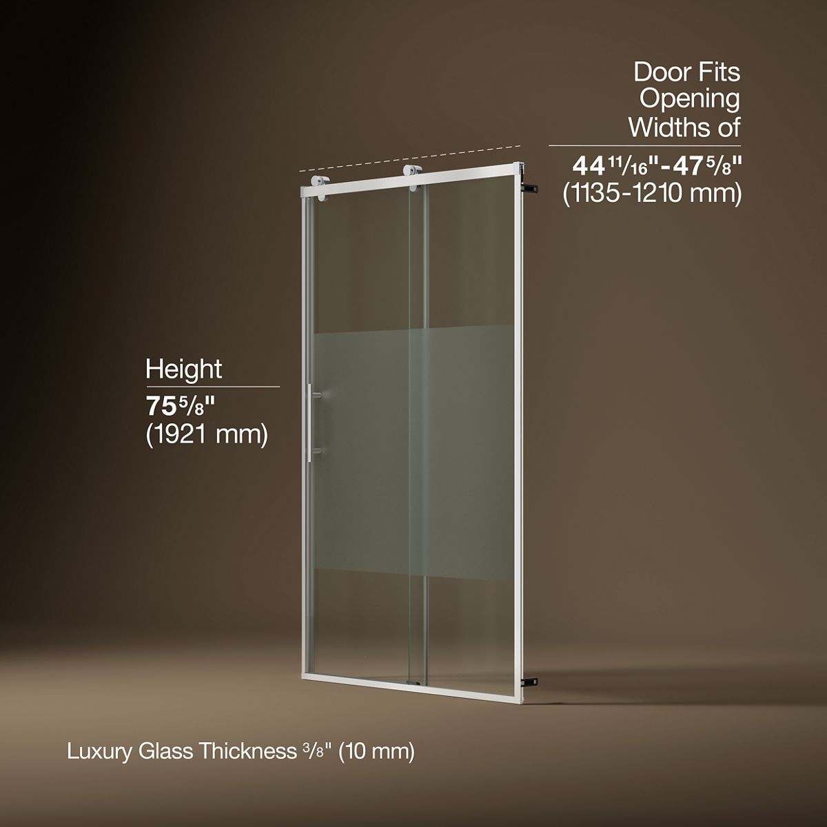 Rely® 44-5/8"-47-5/8" W x 76.99" H sliding shower door with 3/8"-thick Crystal Clear glass