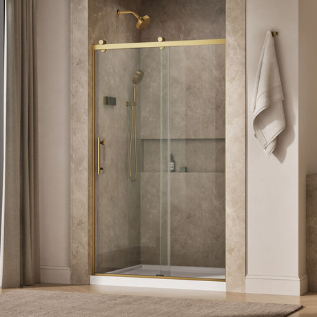 Rely® 44-5/8"-47-5/8" W x 76.99" H sliding shower door with 3/8"-thick Crystal Clear glass