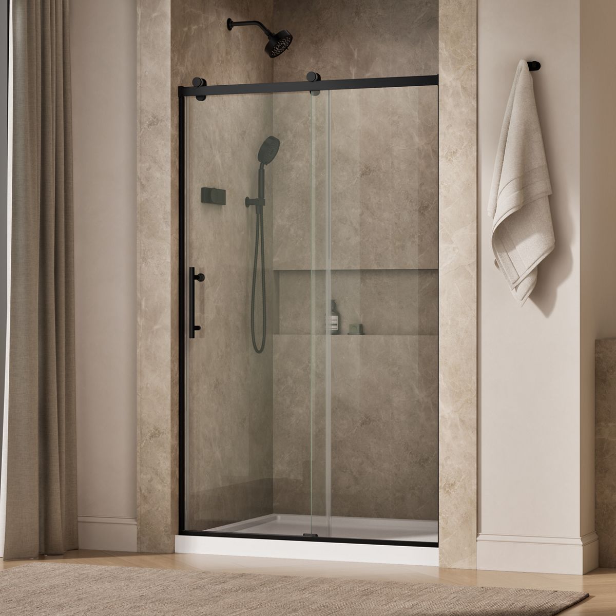 Rely® 44-5/8"-47-5/8" W x 76.99" H sliding shower door with 3/8"-thick Crystal Clear glass