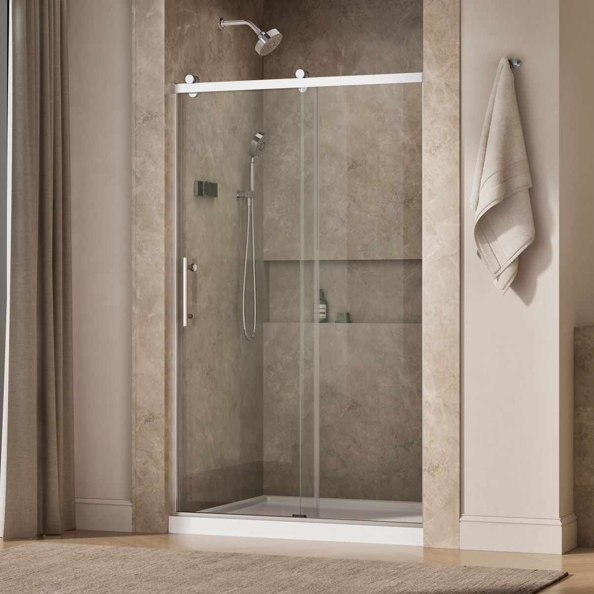 Rely® 44-5/8"-47-5/8" W x 76.99" H sliding shower door with 3/8"-thick Crystal Clear glass