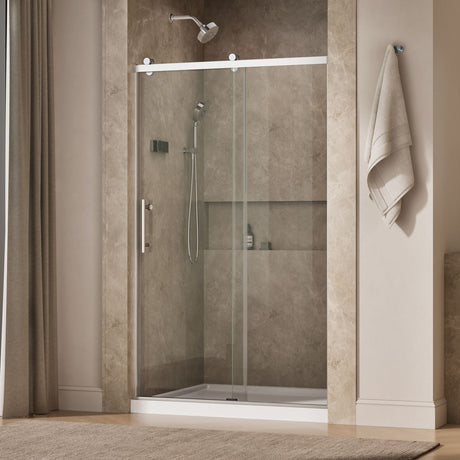 Rely® 44-5/8"-47-5/8" W x 76.99" H sliding shower door with 3/8"-thick Crystal Clear glass