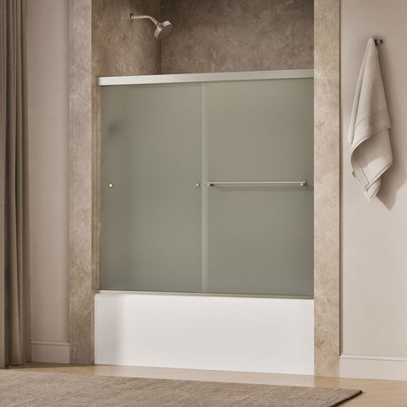 Revel® 55-5/8"-59-5/8" W x 55-1/2" H bypass bath door with 1/4"-thick Frosted glass