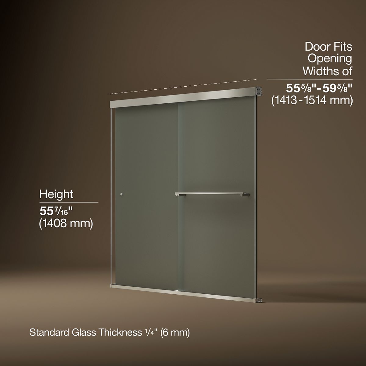 Revel® 55-5/8"-59-5/8" W x 55-1/2" H bypass bath door with 1/4"-thick Frosted glass