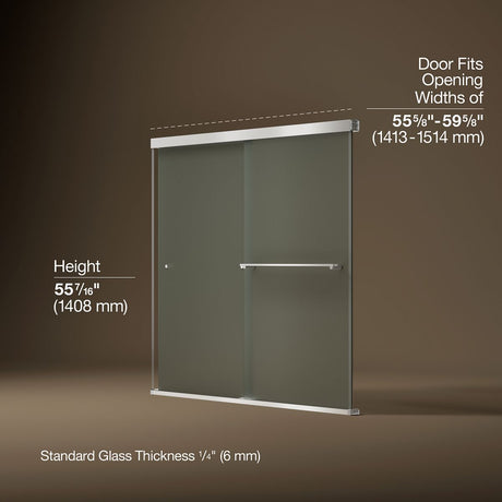 Revel® 55-5/8"-59-5/8" W x 55-1/2" H bypass bath door with 1/4"-thick Frosted glass