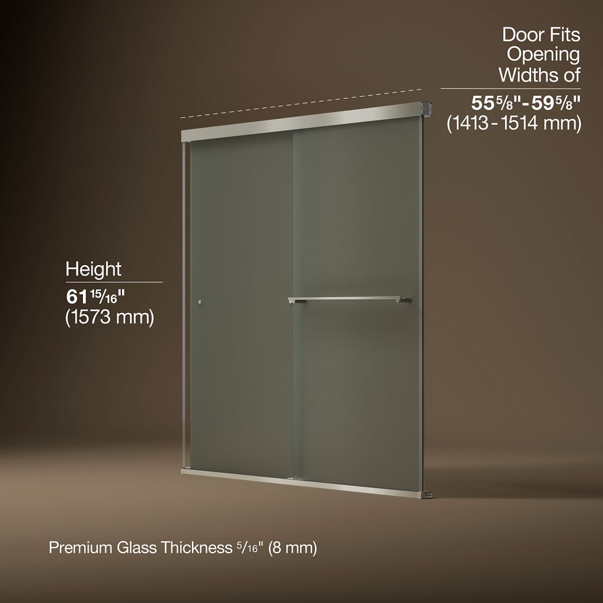 Revel® 55-5/8"-59-5/8" W x 62" H bypass bath door with 5/16"-thick Frosted glass