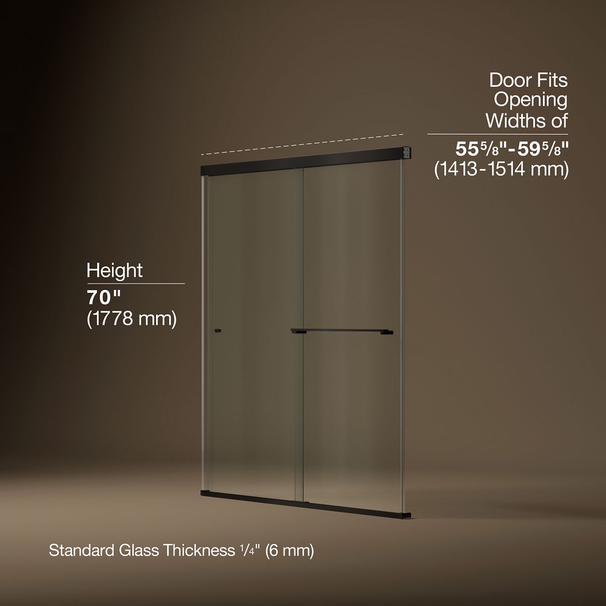 Revel® 55-5/8"-59-5/8" W x 70" H bypass shower door with 1/4"-thick Crystal Clear glass