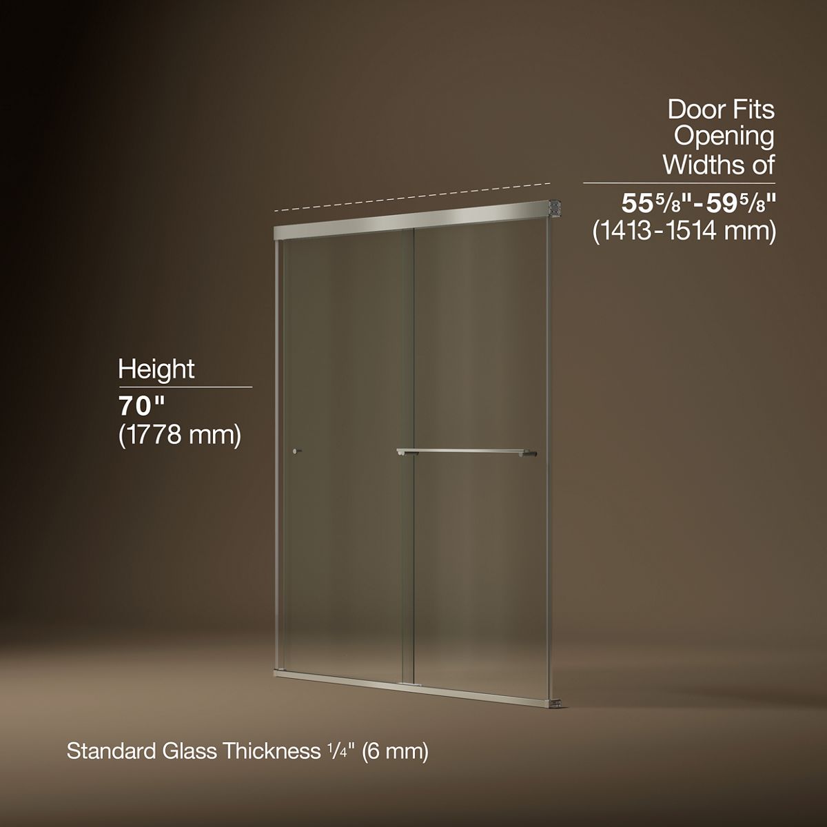 Revel® 55-5/8"-59-5/8" W x 70" H bypass shower door with 1/4"-thick Crystal Clear glass
