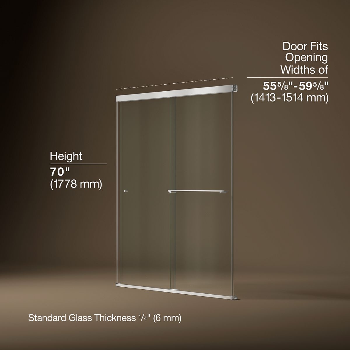 Revel® 55-5/8"-59-5/8" W x 70" H bypass shower door with 1/4"-thick Crystal Clear glass