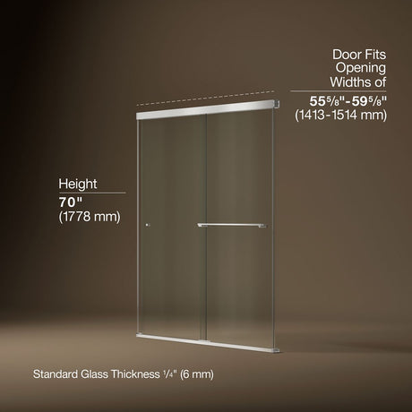 Revel® 55-5/8"-59-5/8" W x 70" H bypass shower door with 1/4"-thick Crystal Clear glass