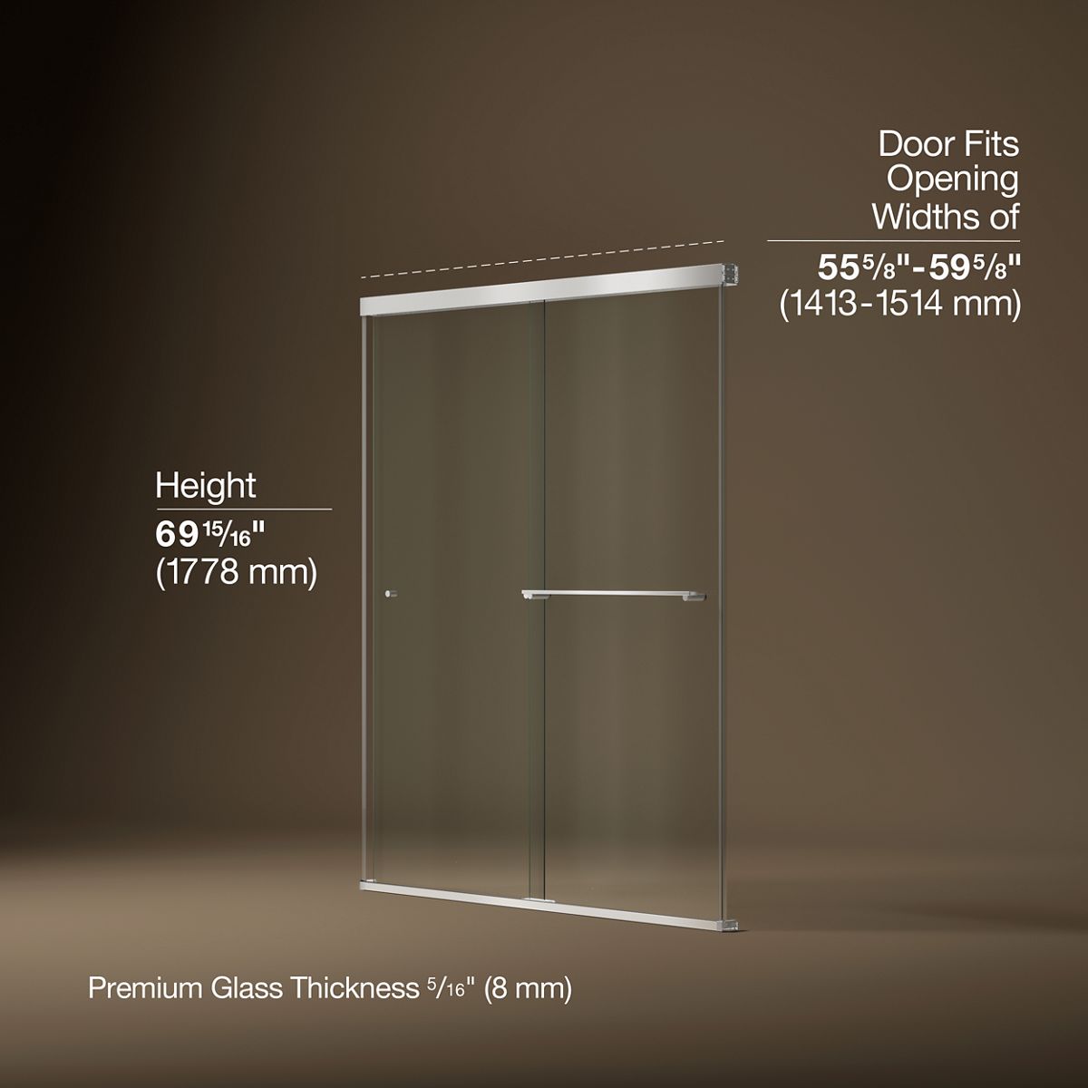 Revel® 55-5/8"-59-5/8" W x 70" H bypass shower door with 5/16"-thick Crystal Clear glass