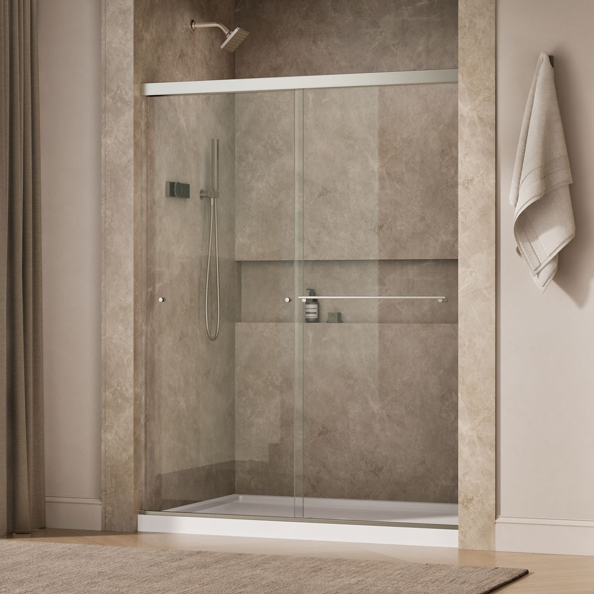 Revel® 55-5/8"-59-5/8" W x 76" H bypass shower door with 5/16"-thick Crystal Clear glass