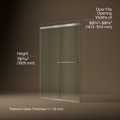Revel® 55-5/8"-59-5/8" W x 76" H bypass shower door with 5/16"-thick Crystal Clear glass