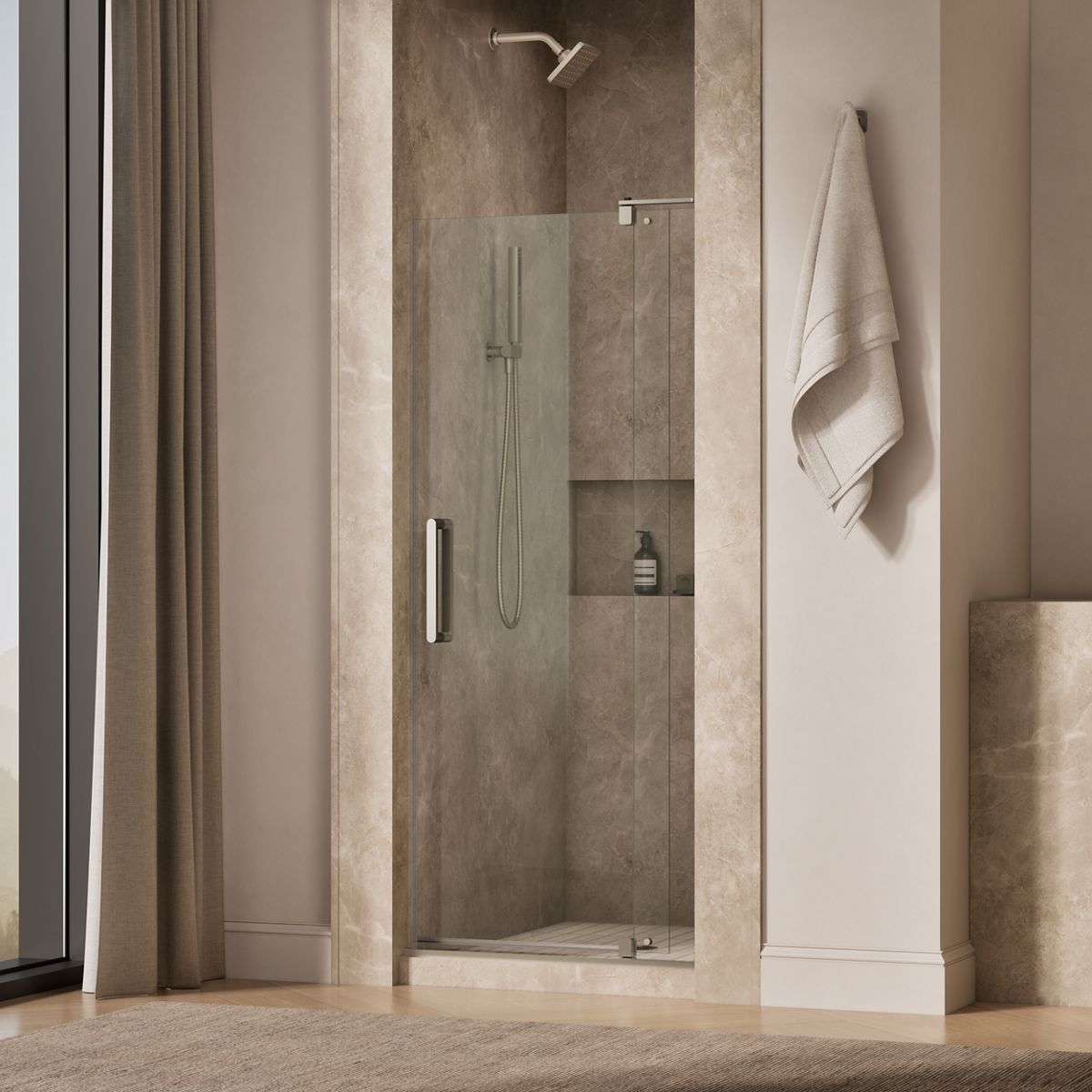 Revel® 31-1/8"-36" W x 70" H pivot shower door with 1/4"-thick Crystal Clear glass