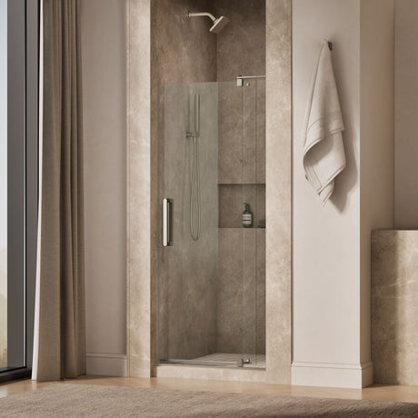 Revel® 31-1/8"-36" W x 70" H pivot shower door with 1/4"-thick Crystal Clear glass