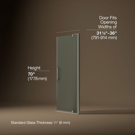 Revel® 31-1/8"-36" W x 70" H pivot shower door with 1/4"-thick Frosted glass