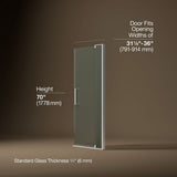 Revel® 31-1/8"-36" W x 70" H pivot shower door with 1/4"-thick Frosted glass