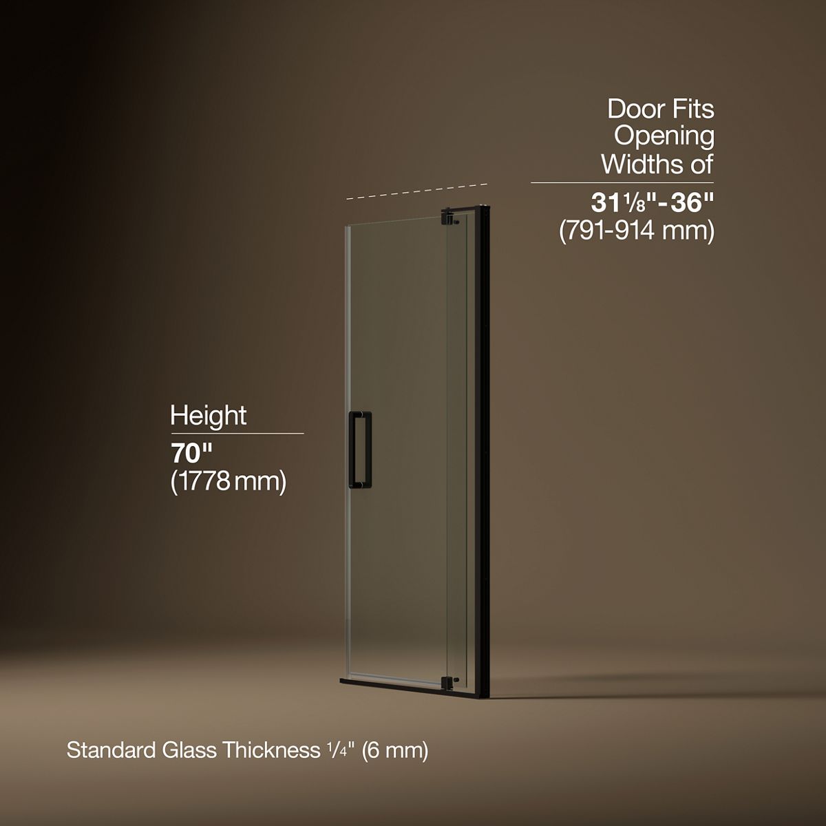 Revel® 31-1/8"-36" W x 70" H pivot shower door with 1/4"-thick Crystal Clear glass