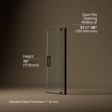 Revel® 31-1/8"-36" W x 70" H pivot shower door with 1/4"-thick Crystal Clear glass