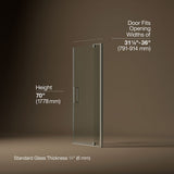 Revel® 31-1/8"-36" W x 70" H pivot shower door with 1/4"-thick Crystal Clear glass