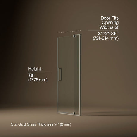 Revel® 31-1/8"-36" W x 70" H pivot shower door with 1/4"-thick Crystal Clear glass