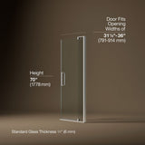 Revel® 31-1/8"-36" W x 70" H pivot shower door with 1/4"-thick Crystal Clear glass