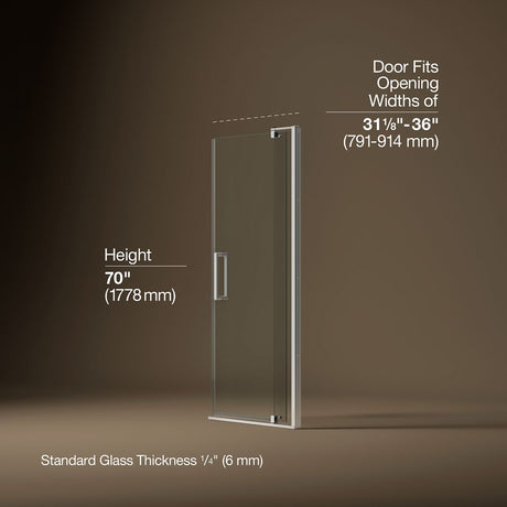 Revel® 31-1/8"-36" W x 70" H pivot shower door with 1/4"-thick Crystal Clear glass