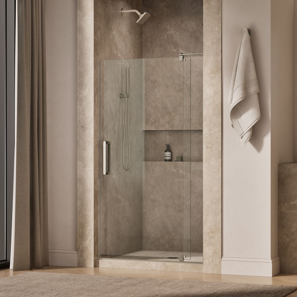 Revel® 39-1/8"-44" W x 70" H pivot shower door with 5/16"-thick Crystal Clear glass