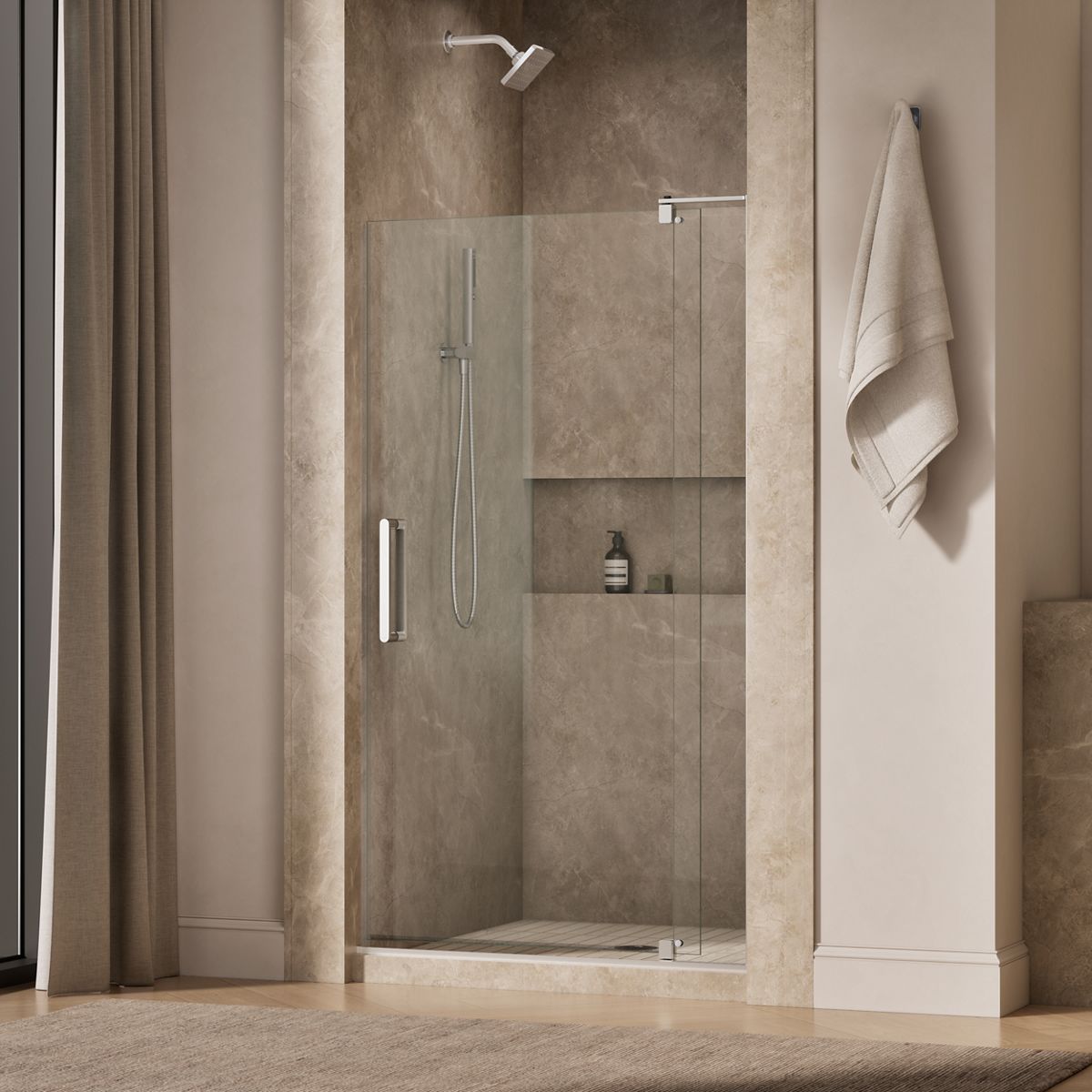 Revel® 35-1/8"-40" W x 70" H pivot shower door with 5/16"-thick Crystal Clear glass