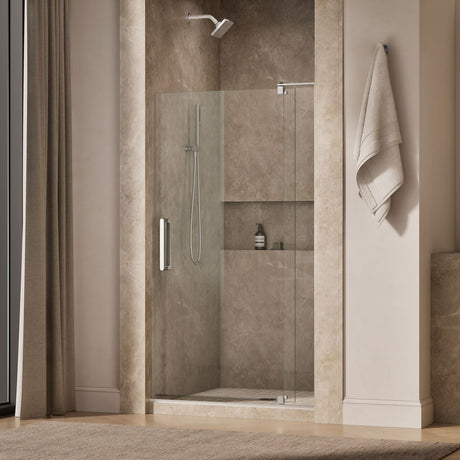 Revel® 35-1/8"-40" W x 70" H pivot shower door with 5/16"-thick Crystal Clear glass